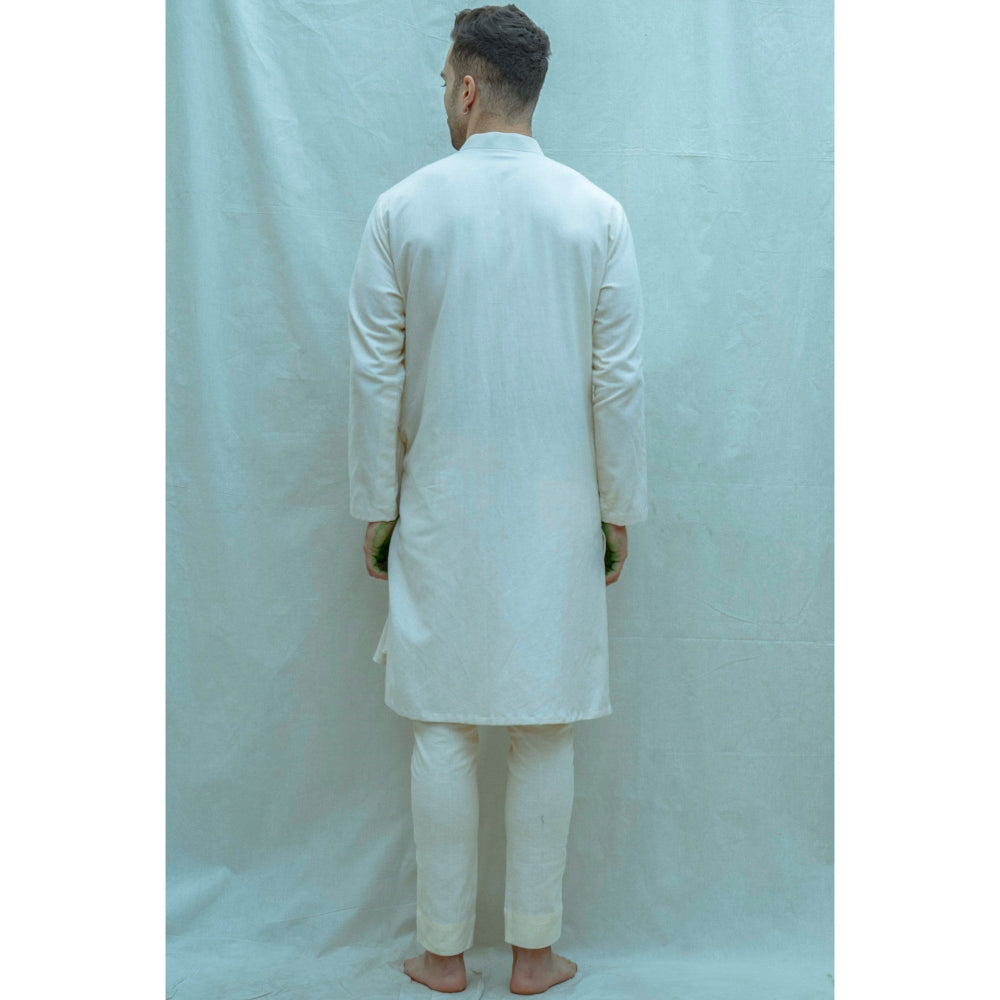 Bohame Cotton X Linen Pleated Angrakha Kurta With Pajama In Off-White (Set of 2)