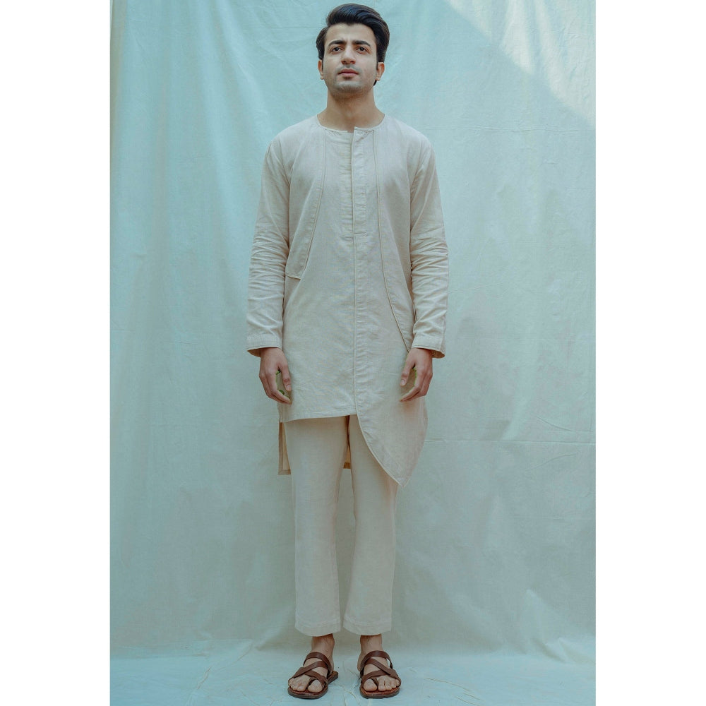 Bohame Cotton X Linen Panelled Kurta With Pajama In Beige (Set of 2)