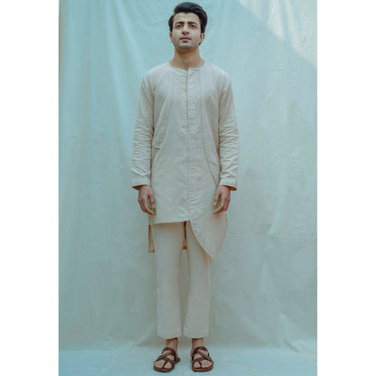 Bohame Cotton X Linen Panelled Kurta With Pajama In Beige (Set of 2)