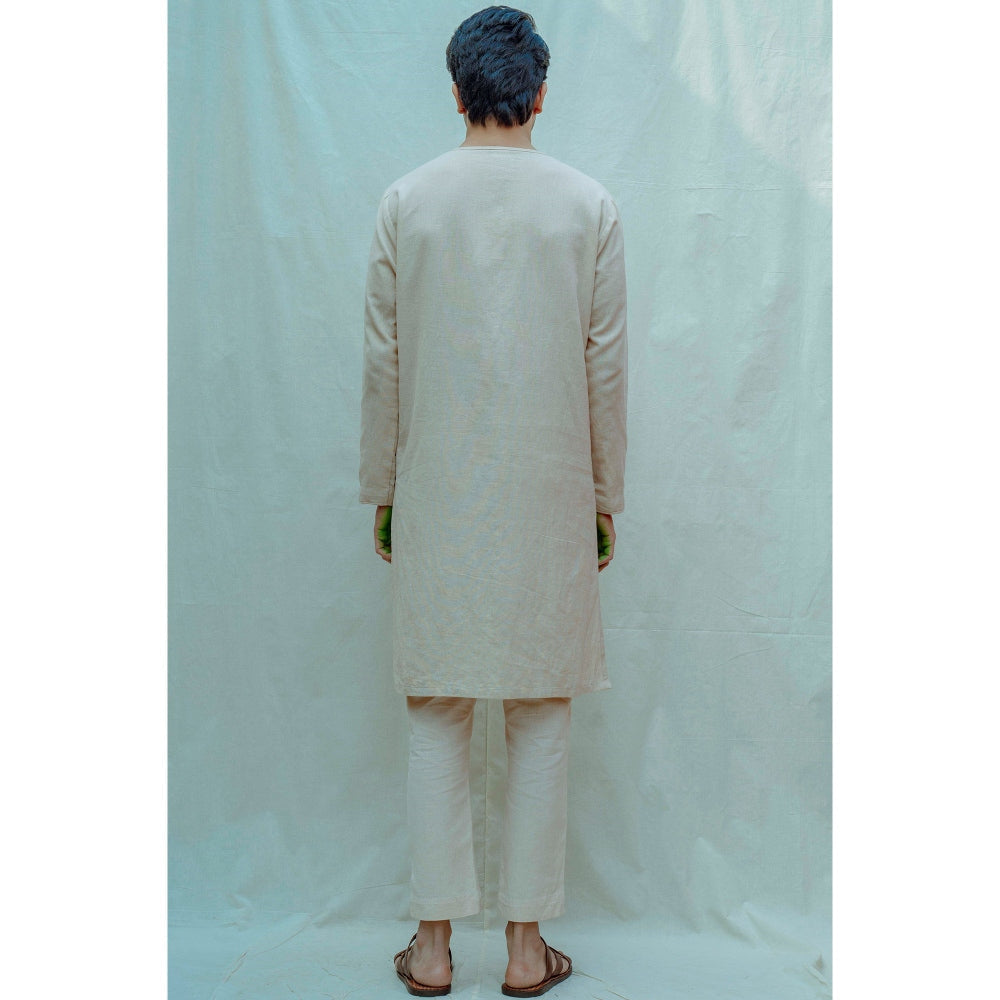 Bohame Cotton X Linen Panelled Kurta With Pajama In Beige (Set of 2)