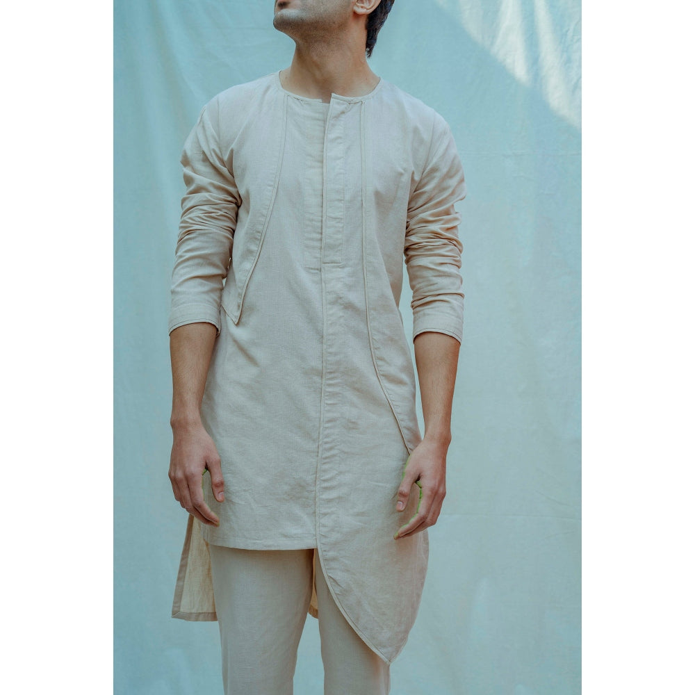 Bohame Cotton X Linen Panelled Kurta With Pajama In Beige (Set of 2)