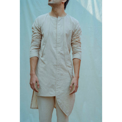 Bohame Cotton X Linen Panelled Kurta With Pajama In Beige (Set of 2)