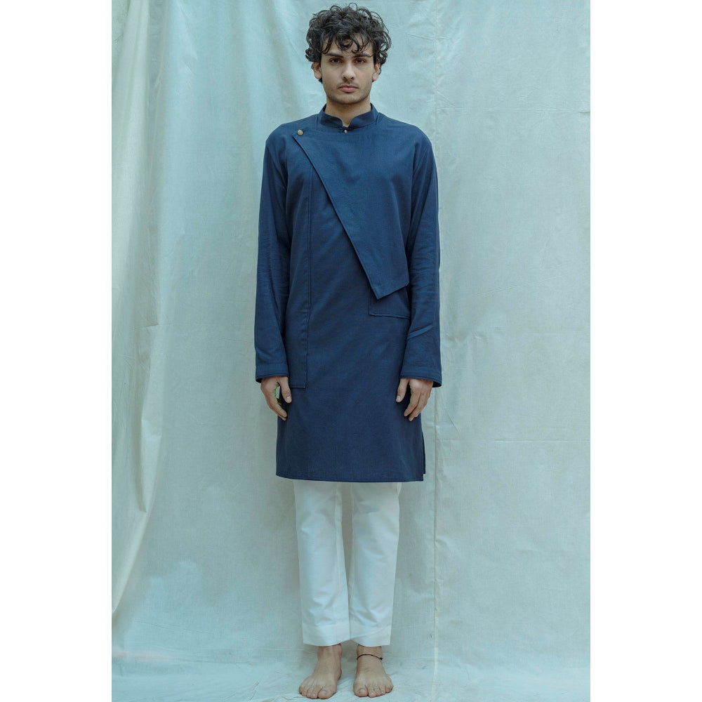 Bohame Cotton X Linen Overlap Kurta And Pajama In Royal Blue (Set of 2)