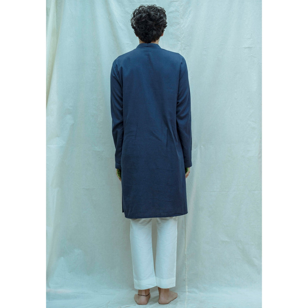 Bohame Cotton X Linen Overlap Kurta And Pajama In Royal Blue (Set of 2)