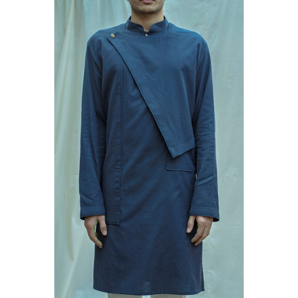 Bohame Cotton X Linen Overlap Kurta And Pajama In Royal Blue (Set of 2)