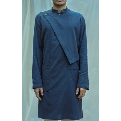 Bohame Cotton X Linen Overlap Kurta And Pajama In Royal Blue (Set of 2)