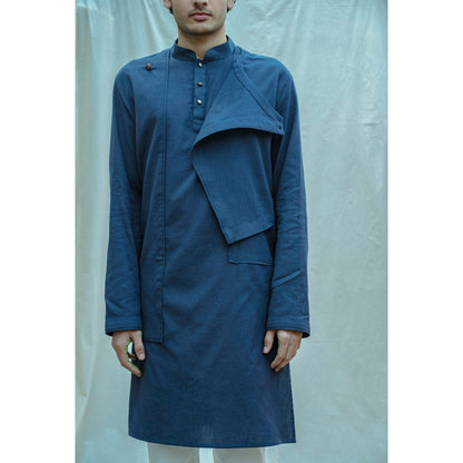 Bohame Cotton X Linen Overlap Kurta And Pajama In Royal Blue (Set of 2)