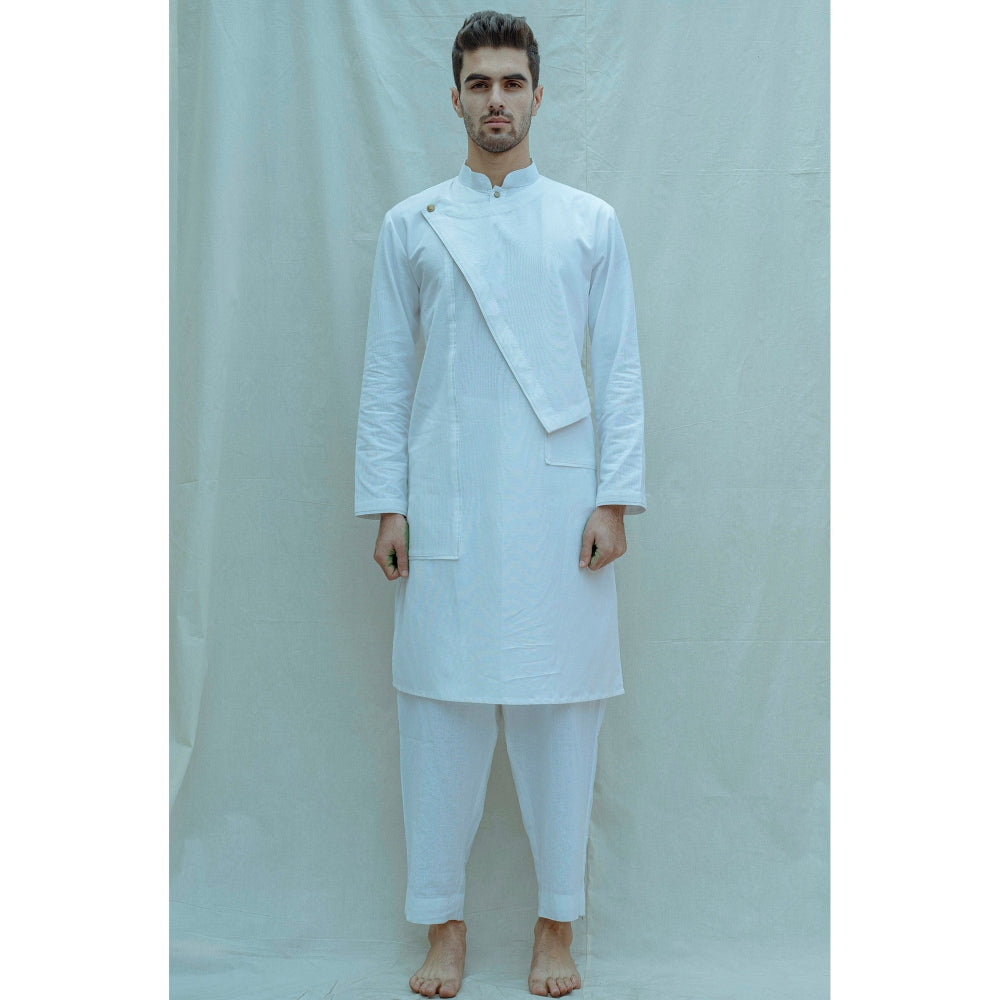 Bohame Cotton X Linen Overlap Kurta And Pajama In White (Set of 2)