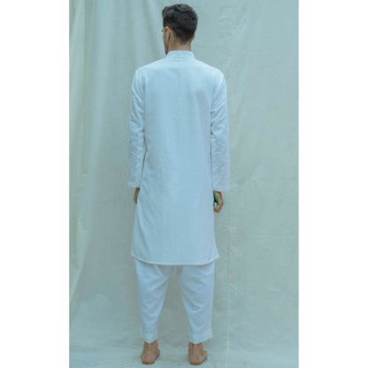 Bohame Cotton X Linen Overlap Kurta And Pajama In White (Set of 2)