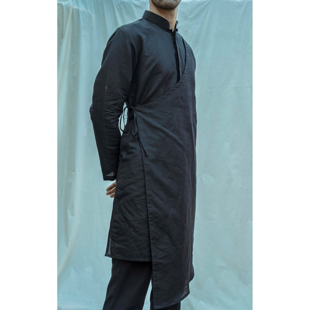 Bohame Angrakha Kurta With Pajama In Black (Set of 2)