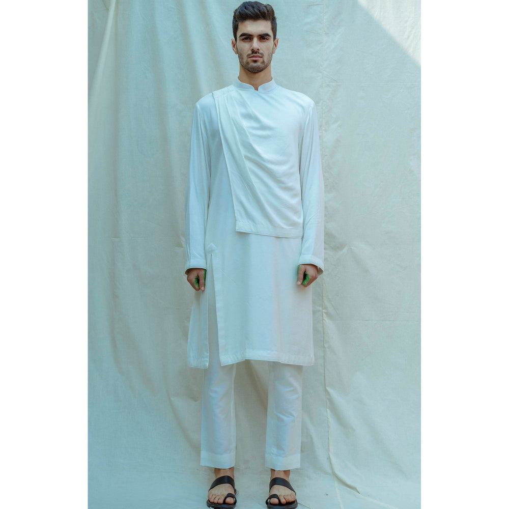Bohame Overlapped Cowl Kurta With Pajama In White (Set of 2)