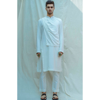 Bohame Overlapped Cowl Kurta With Pajama In White (Set of 2)