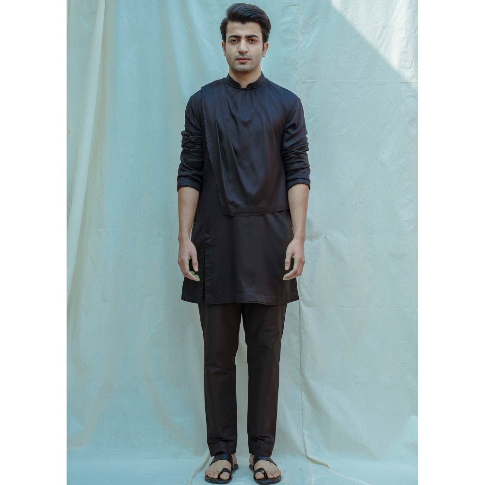 Bohame Overlapped Cowl Kurta With Pajama In Black (Set of 2)