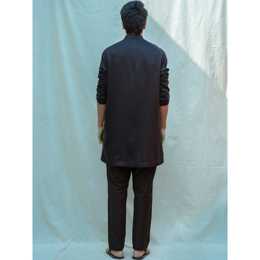 Bohame Overlapped Cowl Kurta With Pajama In Black (Set of 2)