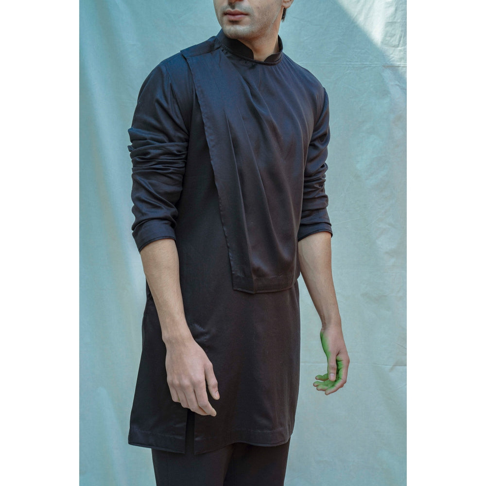 Bohame Overlapped Cowl Kurta With Pajama In Black (Set of 2)