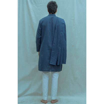 Bohame Cotton X Linen Back Pleated Kurta With Pajama In Royal Blue (Set of 2)