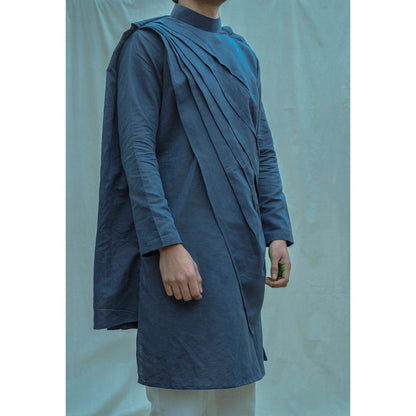 Bohame Cotton X Linen Back Pleated Kurta With Pajama In Royal Blue (Set of 2)