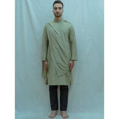 Bohame Cotton X Linen Back Pleated Kurta With Pajama In Green (Set of 2)