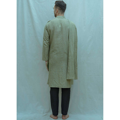 Bohame Cotton X Linen Back Pleated Kurta With Pajama In Green (Set of 2)