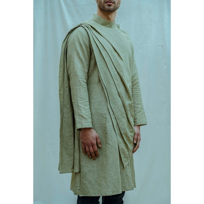 Bohame Cotton X Linen Back Pleated Kurta With Pajama In Green (Set of 2)