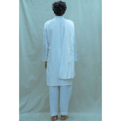 Bohame Cotton X Linen Back Pleated Kurta With Pajama In White (Set of 2)
