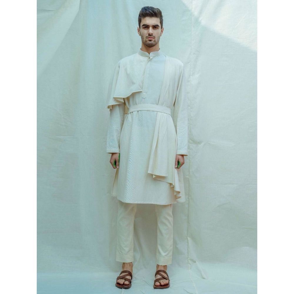 Bohame Cotton X Linen Cape Style Kurta With Pajama In Off White (Set of 2)