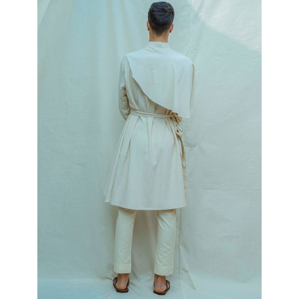 Bohame Cotton X Linen Cape Style Kurta With Pajama In Off White (Set of 2)