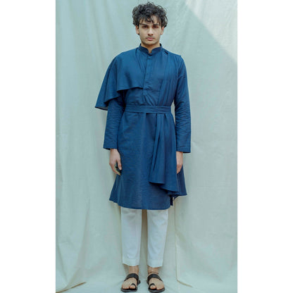 Bohame Cotton X Linen Cape Style Kurta With Pajama In Blue (Set of 2)