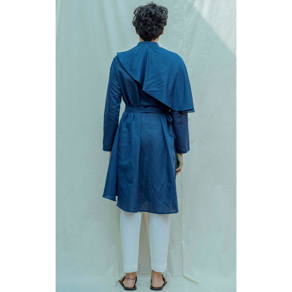 Bohame Cotton X Linen Cape Style Kurta With Pajama In Blue (Set of 2)