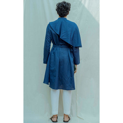 Bohame Cotton X Linen Cape Style Kurta With Pajama In Blue (Set of 2)