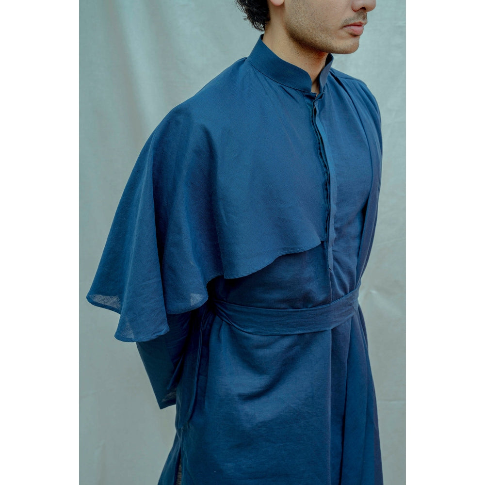 Bohame Cotton X Linen Cape Style Kurta With Pajama In Blue (Set of 2)