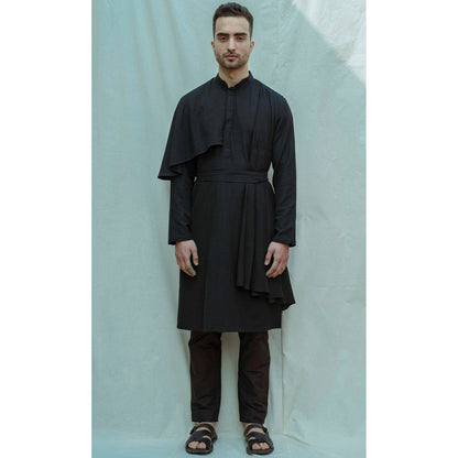 Bohame Cotton X Linen Cape Style Kurta With Pajama In Black (Set of 2)