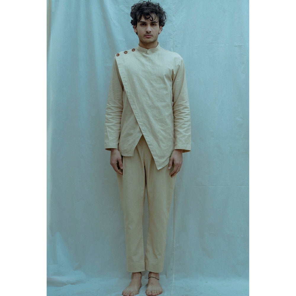 Bohame Overlapped Shirt Kurta With Pajama In Beize (Set of 2)