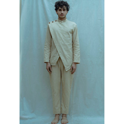 Bohame Overlapped Shirt Kurta With Pajama In Beize (Set of 2)