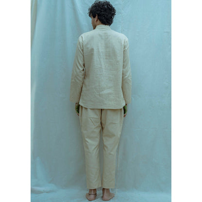 Bohame Overlapped Shirt Kurta With Pajama In Beize (Set of 2)