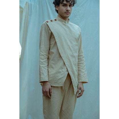 Bohame Overlapped Shirt Kurta With Pajama In Beize (Set of 2)