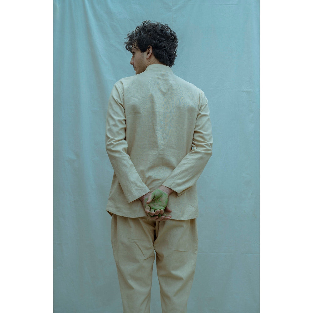 Bohame Overlapped Shirt Kurta With Pajama In Beize (Set of 2)