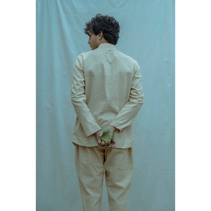 Bohame Overlapped Shirt Kurta With Pajama In Beize (Set of 2)