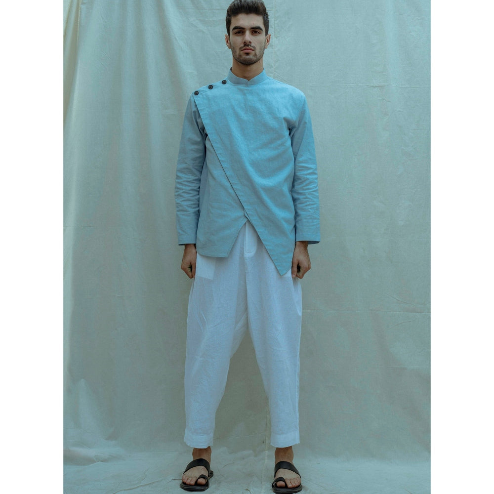 Bohame Overlapped Shirt Kurta With Pajama In Light Blue (Set of 2)