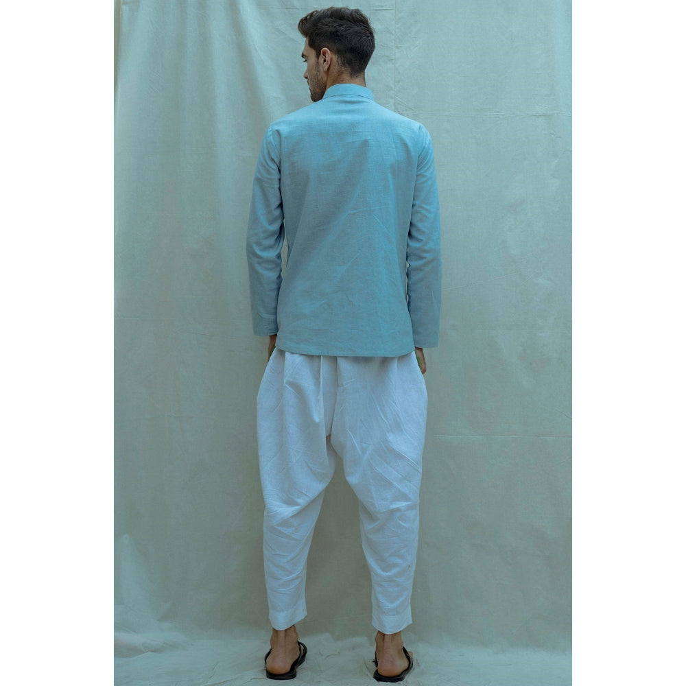 Bohame Overlapped Shirt Kurta With Pajama In Light Blue (Set of 2)