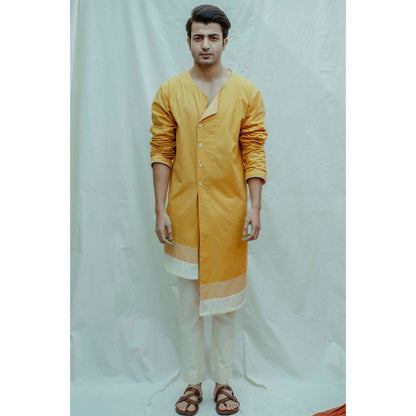 Bohame Asymmetry Flap Neck Mustard Kurta With Pajama (Set of 2)
