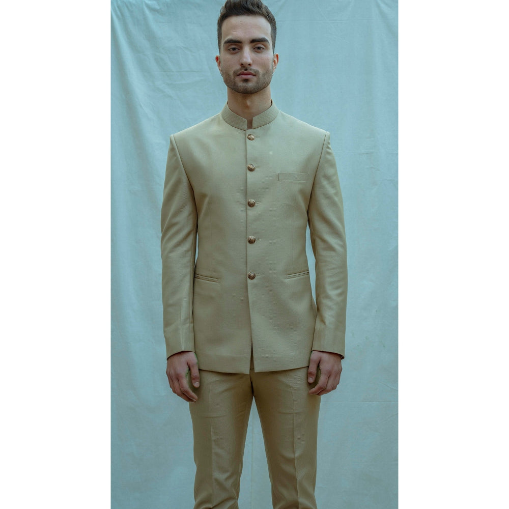 Bohame Textured Beize Classic Bandgala Kurta And Pajama (Set of 2)