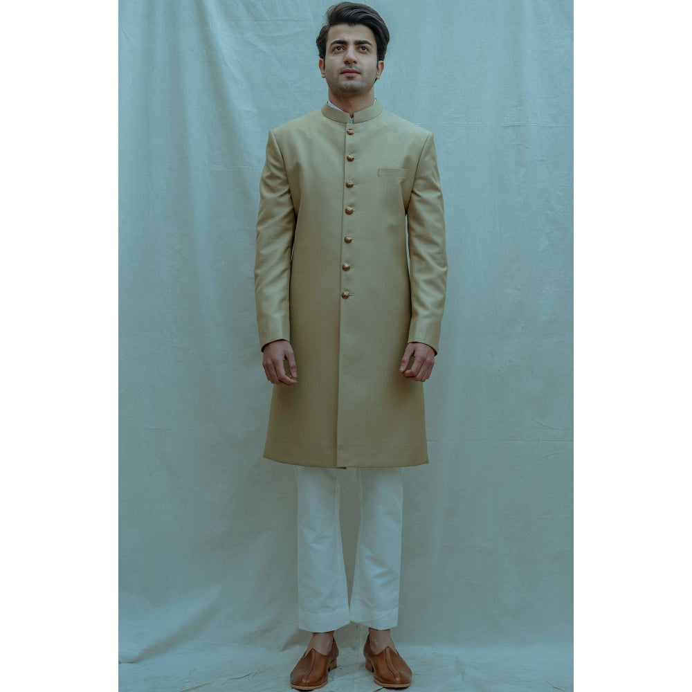 Bohame Textured Beize Achkan Kurta And Pajama (Set of 2)