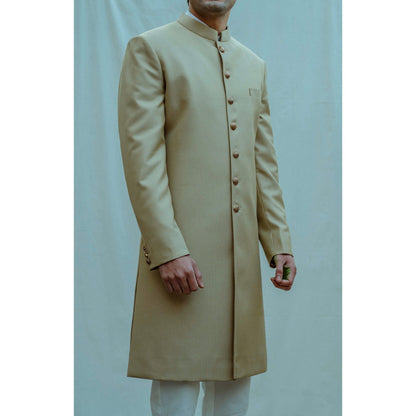 Bohame Textured Beize Achkan Kurta And Pajama (Set of 2)