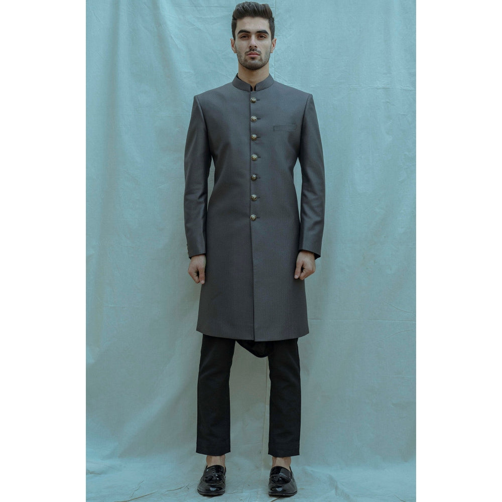 Bohame Textured Grey Achkan Kurta And Pajama (Set of 2)