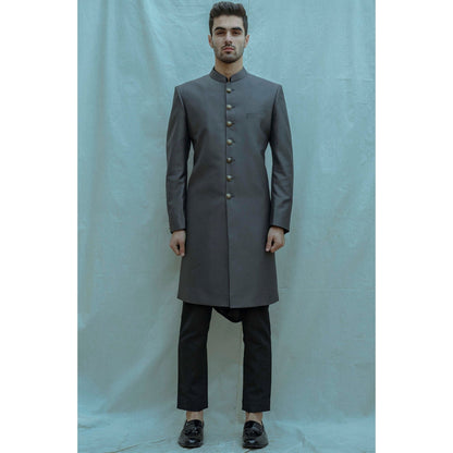 Bohame Textured Grey Achkan Kurta And Pajama (Set of 2)