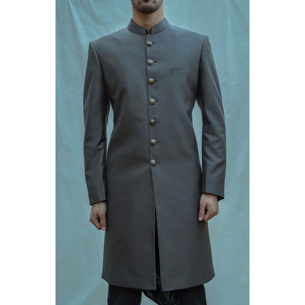 Bohame Textured Grey Achkan Kurta And Pajama (Set of 2)
