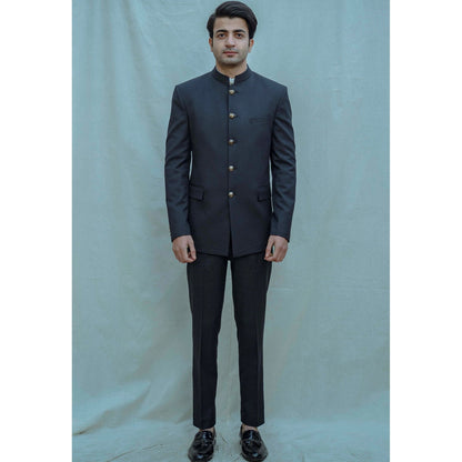 Bohame Blue Classic Bandgala Kurta And Pajama (Set of 2)