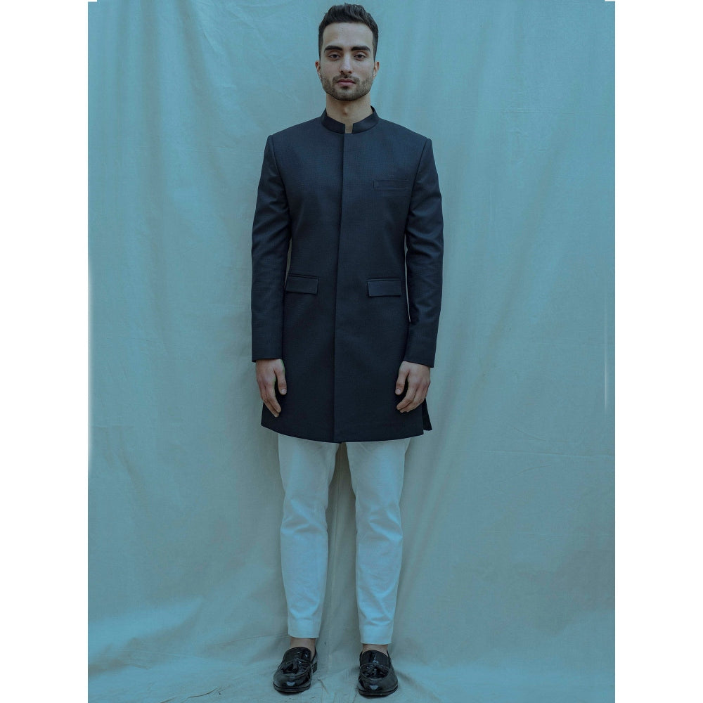 Bohame Blue Achkan Kurta And Pajama With No Show Button Placket (Set of 2)