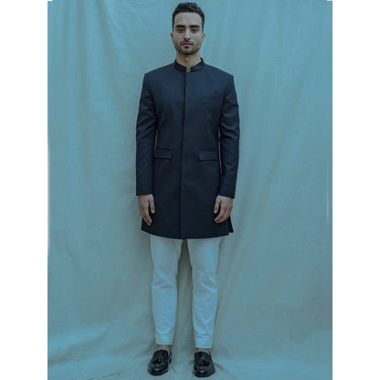 Bohame Blue Achkan Kurta And Pajama With No Show Button Placket (Set of 2)